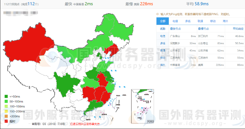 HostEase香港虚拟主机全网ping值延迟测试