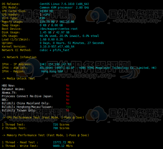 Megalayer香港VPS的CPU内存现成测试