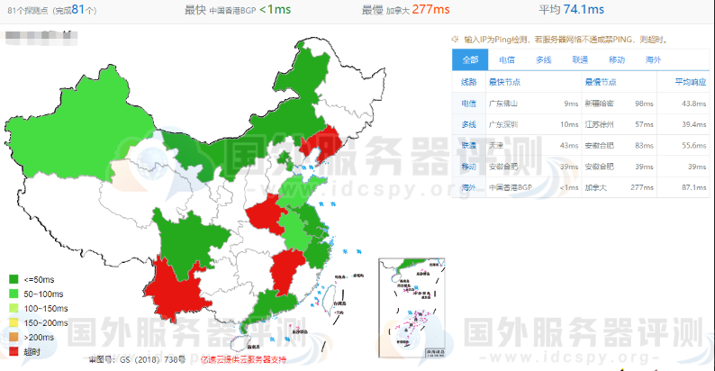 RAKsmart香港大带宽服务器的全网ping值延迟测试