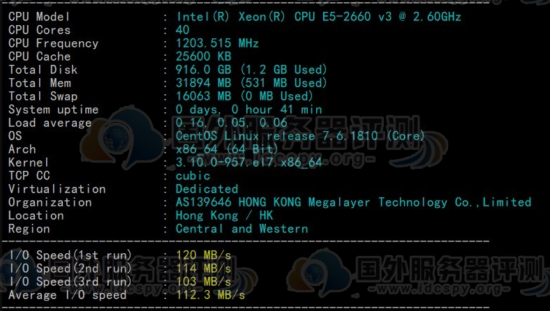 Megalayer香港显卡服务器2*E5-2660的CPU和I/O读写测试