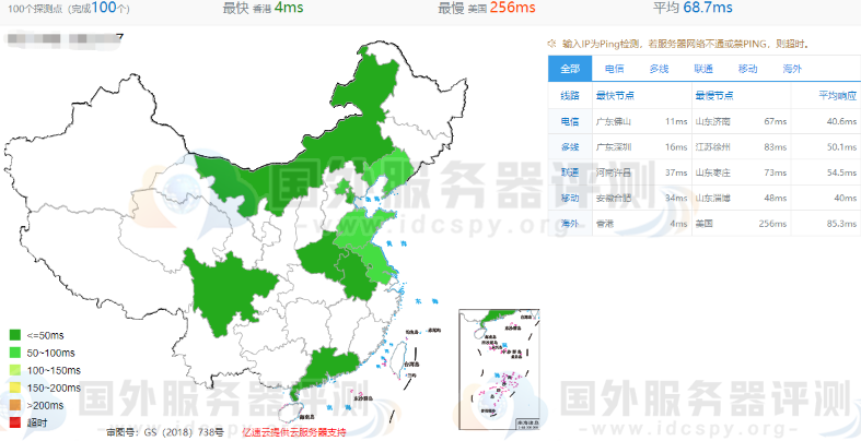 HostEase香港VPS云主机的全网PING值延迟测试