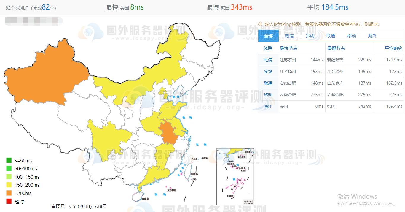 RAKsmart美国云服务器CN2线路全网PING值延迟测试