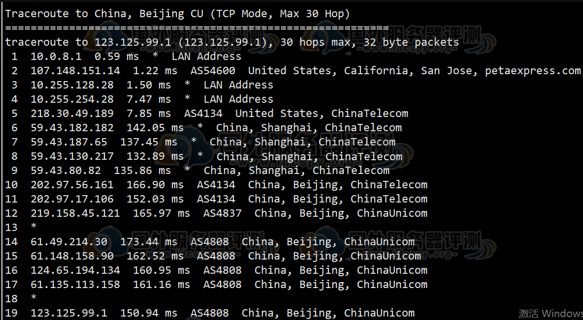 RAKsmart美国云服务器CN2线路联通回程路由追踪测试