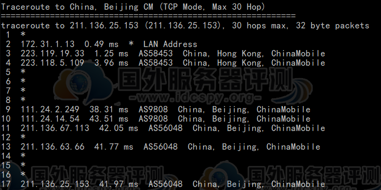 BlueHost香港服务器移动回程路由跟踪测试