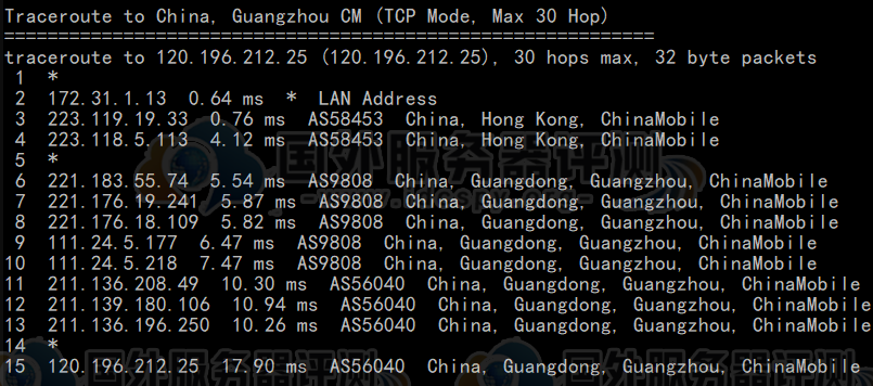 BlueHost香港服务器移动回程路由跟踪测试