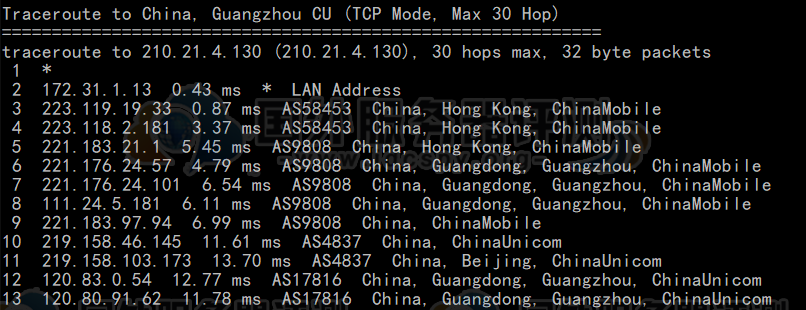 BlueHost香港服务器联通回程路由跟踪测试