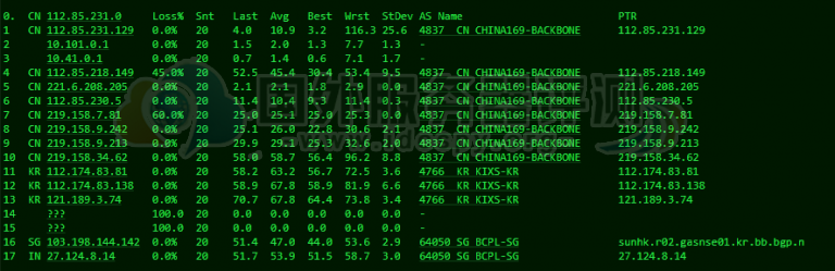 HostEase韩国服务器联通去程路由跟踪测试
