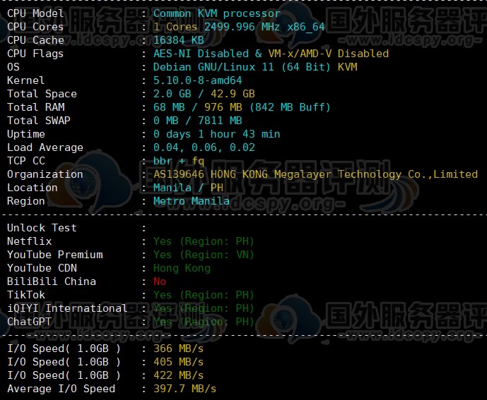 Megalayer菲律宾优化带宽(电信CN2) VPS评测